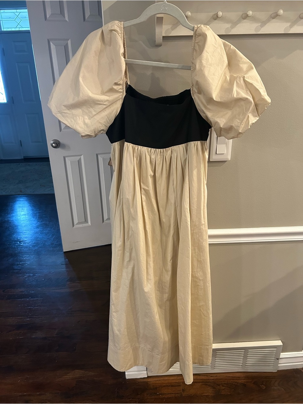 Mod Ref Ivory Midi Dress with Black Bodice and Puff Sleeves
